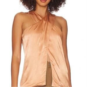 LANSTON Copper Satin Cross Front Flyaway Halter Style Sleeveless Top Small BNWT
